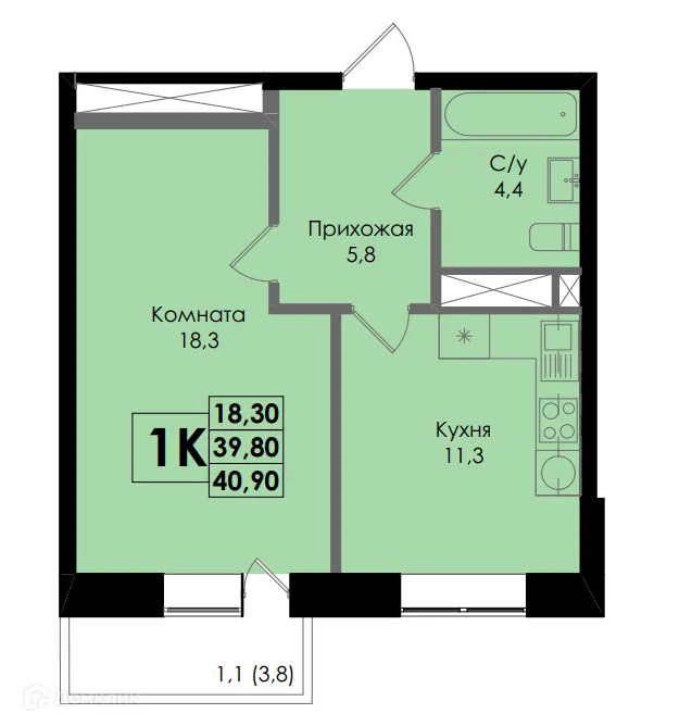 Планировка 1-комнатной квартиры 40.9 м² в ЖК Botanika (Ботаника), г. Ростов-на-Дону — фото 1