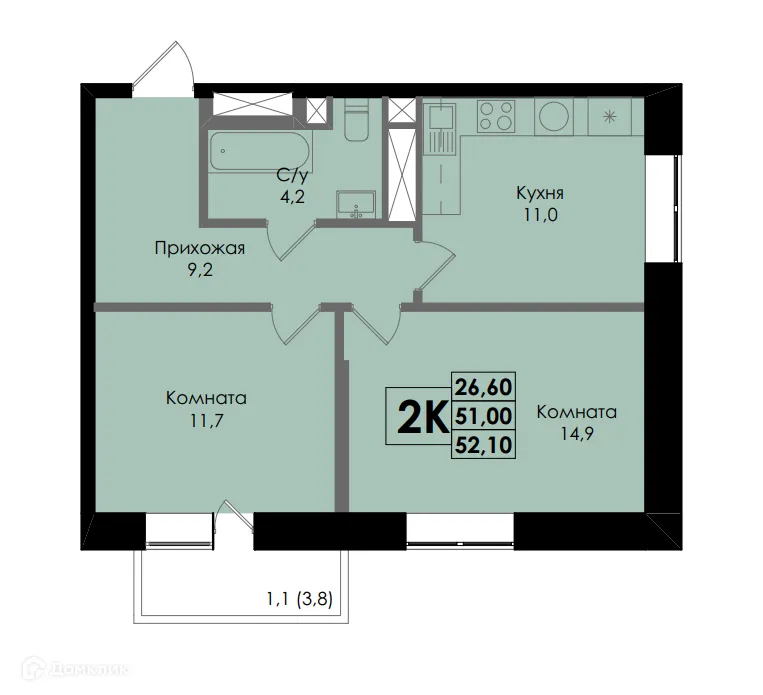 Планировка 2-комнатной квартиры 52.1 м² в ЖК Botanika (Ботаника), г. Ростов-на-Дону — фото 1