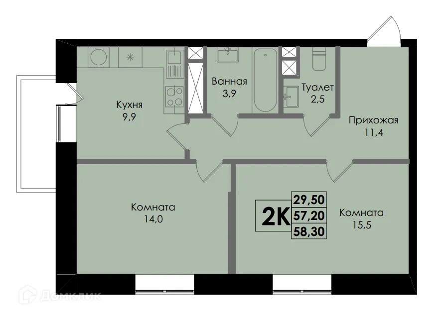 Планировка 2-комнатной квартиры 58.3 м² в ЖК Botanika (Ботаника), г. Ростов-на-Дону — фото 1