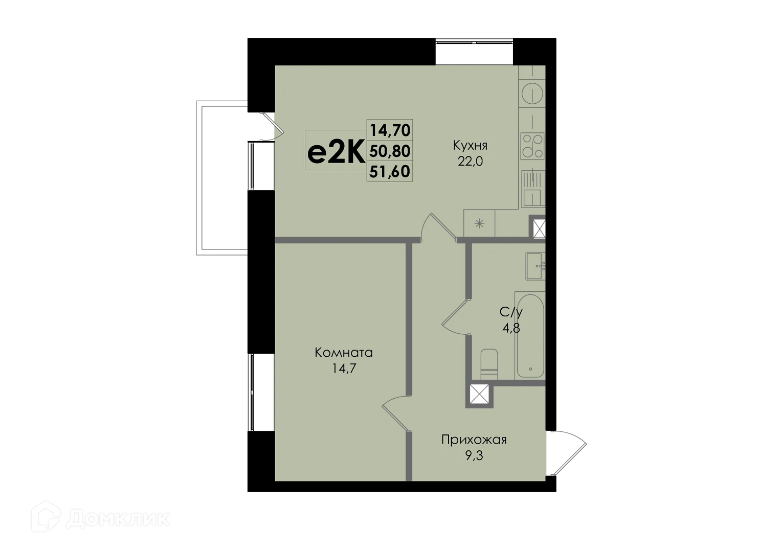 Планировка 2-комнатной квартиры 51.6 м² в ЖК Botanika (Ботаника), г. Ростов-на-Дону — фото 1