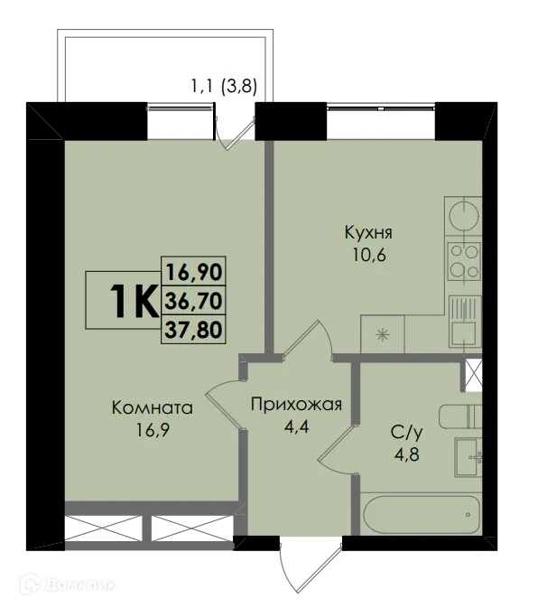 Планировка 1-комнатной квартиры 37.8 м² в ЖК Botanika (Ботаника), г. Ростов-на-Дону — фото 1