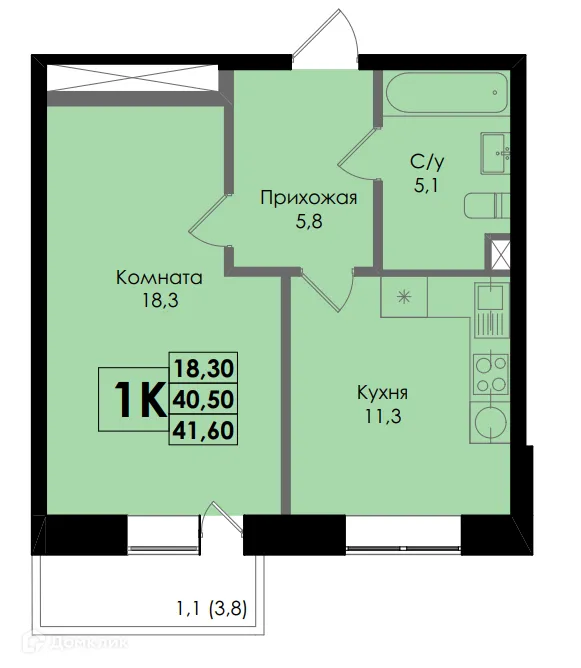 Планировка 1-комнатной квартиры 41.6 м² в ЖК Botanika (Ботаника), г. Ростов-на-Дону — фото 1