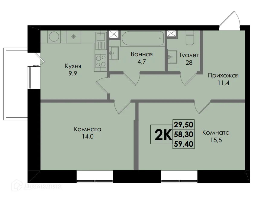 Планировка 2-комнатной квартиры 59.4 м² в ЖК Botanika (Ботаника), г. Ростов-на-Дону — фото 1