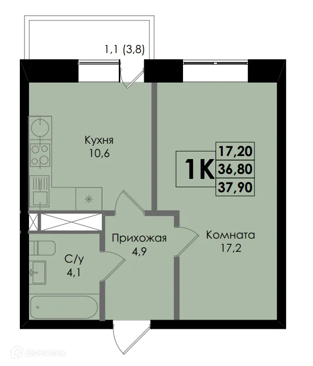 Планировка 1-комнатной квартиры 37.9 м² в ЖК Botanika (Ботаника), г. Ростов-на-Дону — фото 1