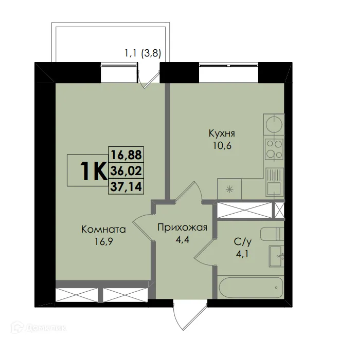 Планировка 1-комнатной квартиры 37.14 м² в ЖК Botanika (Ботаника), г. Ростов-на-Дону — фото 1