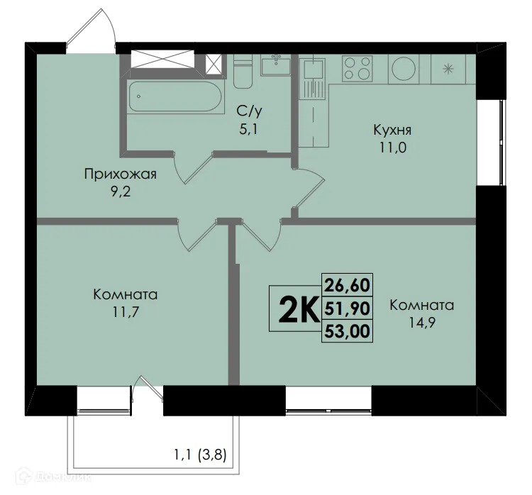 Планировка 2-комнатной квартиры 53 м² в ЖК Botanika (Ботаника), г. Ростов-на-Дону — фото 1