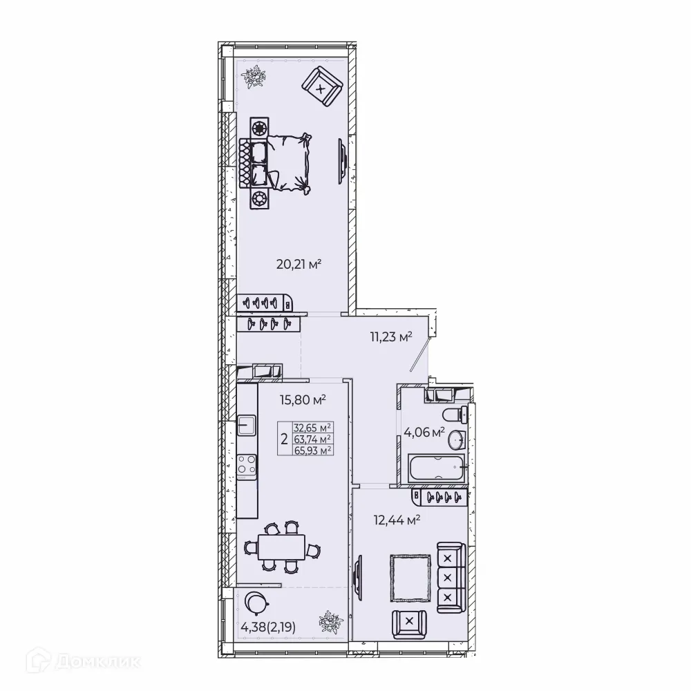 Планировка 2-комнатной квартиры 66 м² в ЖК на Школьной, г. Ростов-на-Дону — фото 2