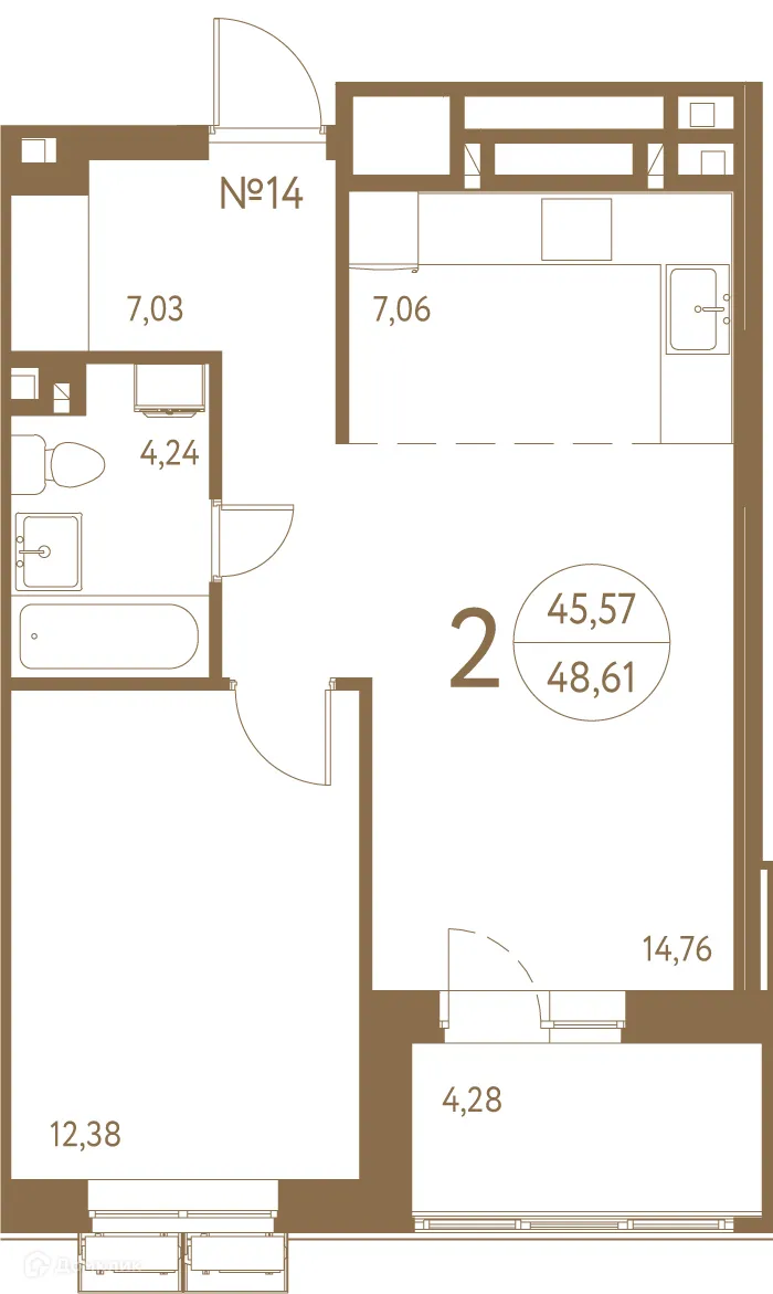 Планировка 2-комнатной квартиры 48.4 м² в ЖК Белая вилла, г. Ростов-на-Дону — фото 1