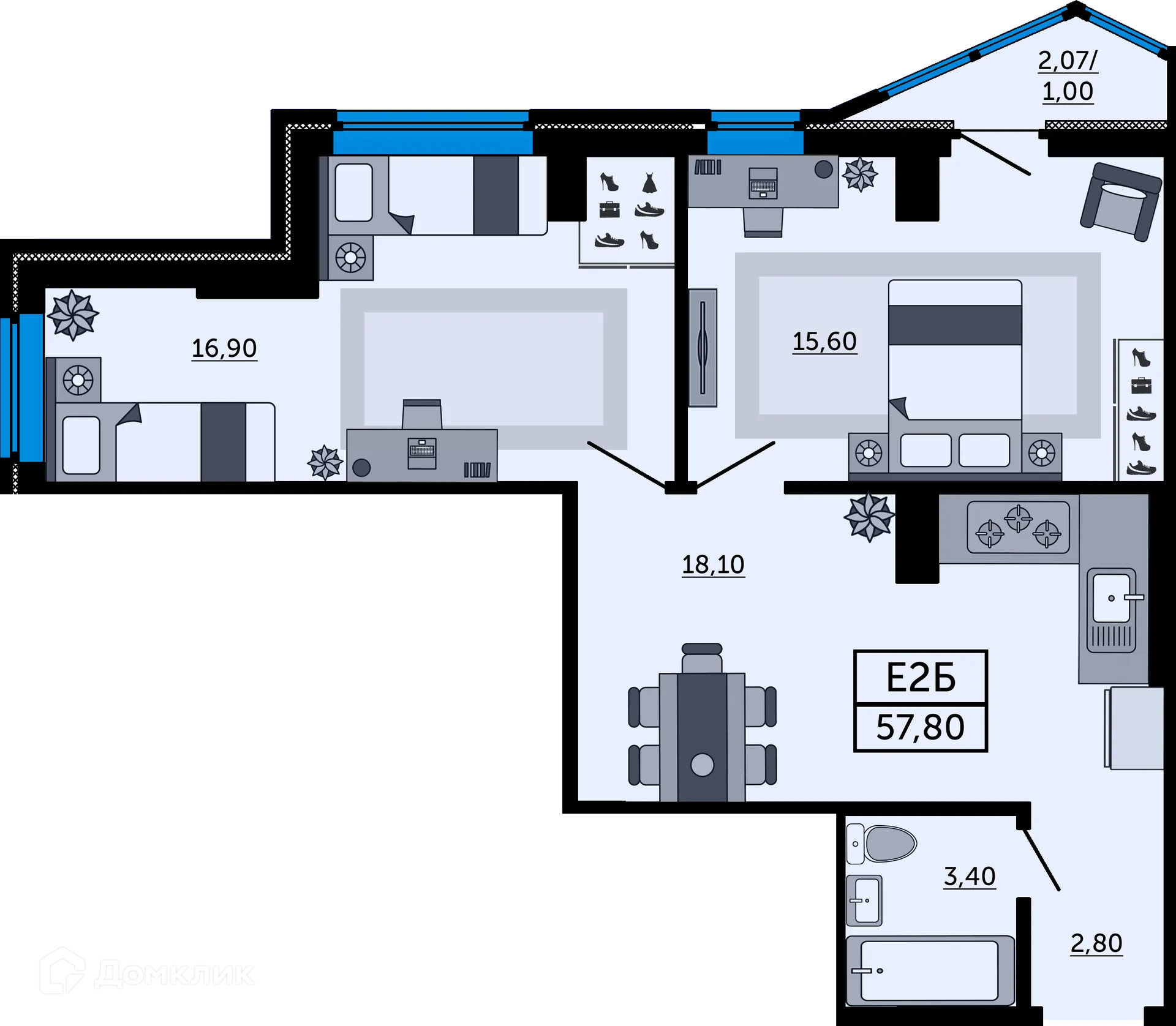 Планировка 2-комнатной квартиры 57.6 м² в ЖК"Акватория", г. Ростов-на-Дону — фото 3
