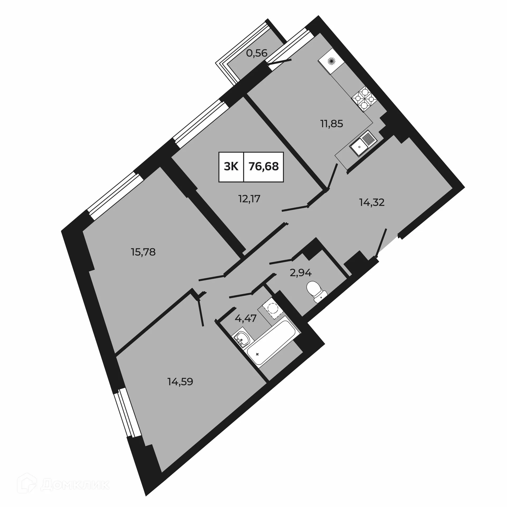 Планировка 3-комнатной квартиры 76.68 м² в ЖК Манхэттен 2.0, г. Ростов-на-Дону — фото 1
