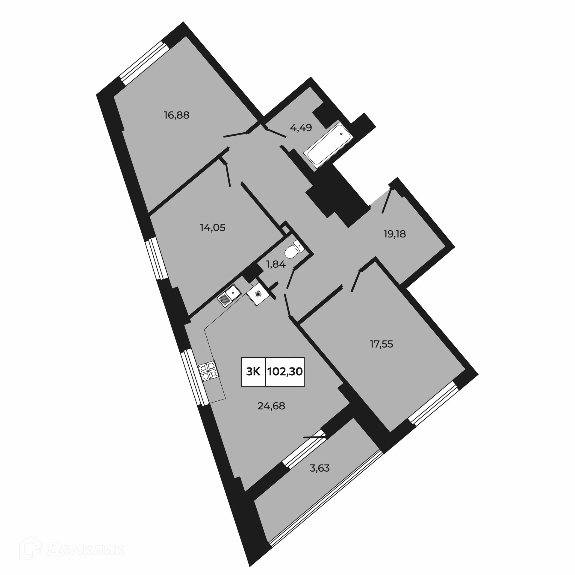 Планировка 3-комнатной квартиры 102.3 м² в ЖК Манхэттен 2.0, г. Ростов-на-Дону — фото 1