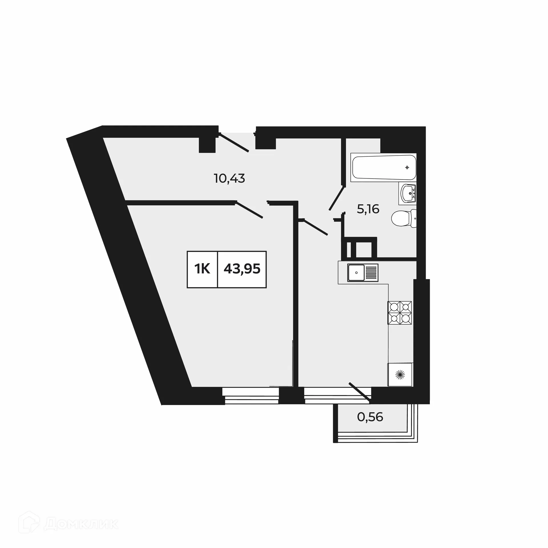 Планировка 1-комнатной квартиры 43.95 м² в ЖК Манхэттен 2.0, г. Ростов-на-Дону — фото 1