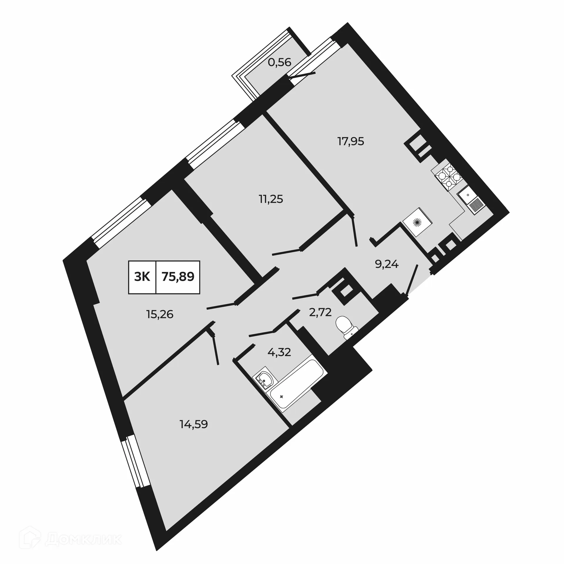 Планировка 3-комнатной квартиры 75.89 м² в ЖК Манхэттен 2.0, г. Ростов-на-Дону — фото 1