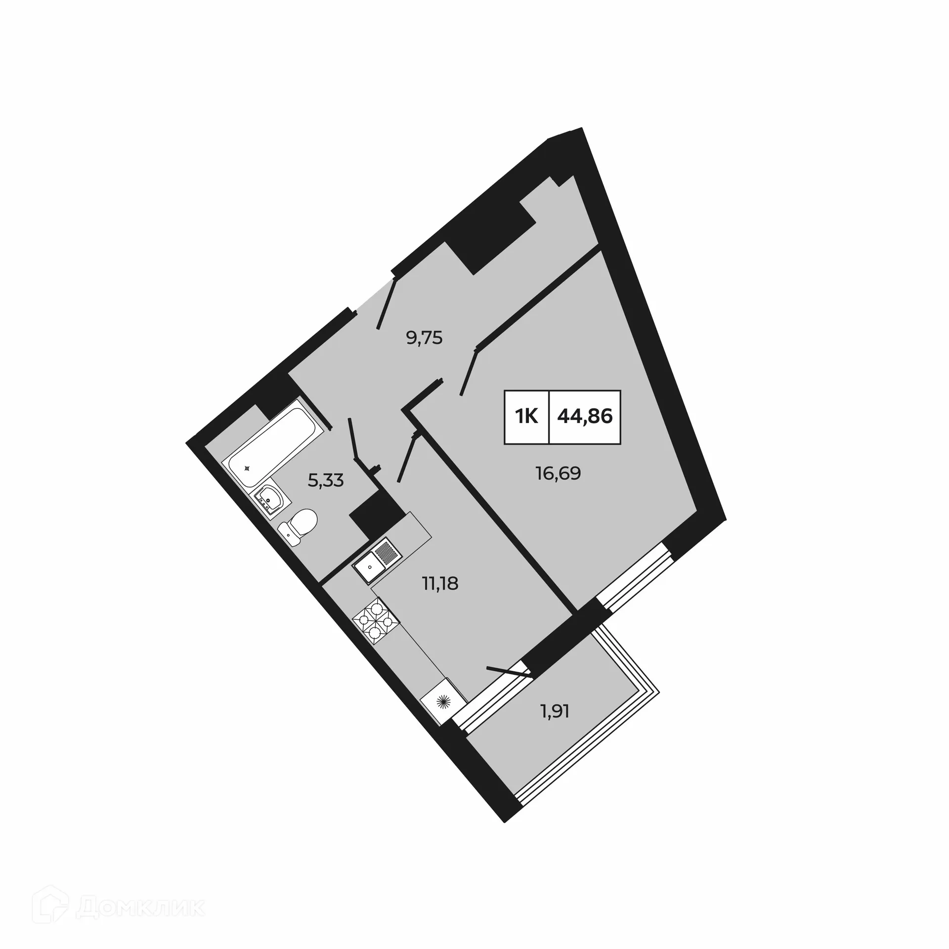 Планировка 1-комнатной квартиры 44.86 м² в ЖК Манхэттен 2.0, г. Ростов-на-Дону — фото 3