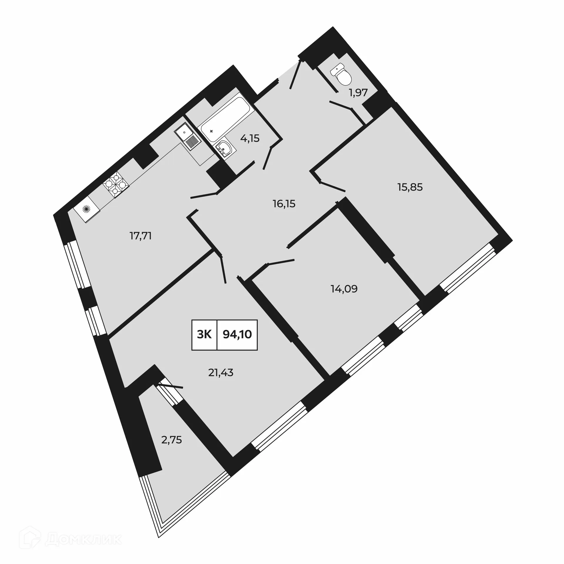 Планировка 3-комнатной квартиры 94.1 м² в ЖК Манхэттен 2.0, г. Ростов-на-Дону — фото 1