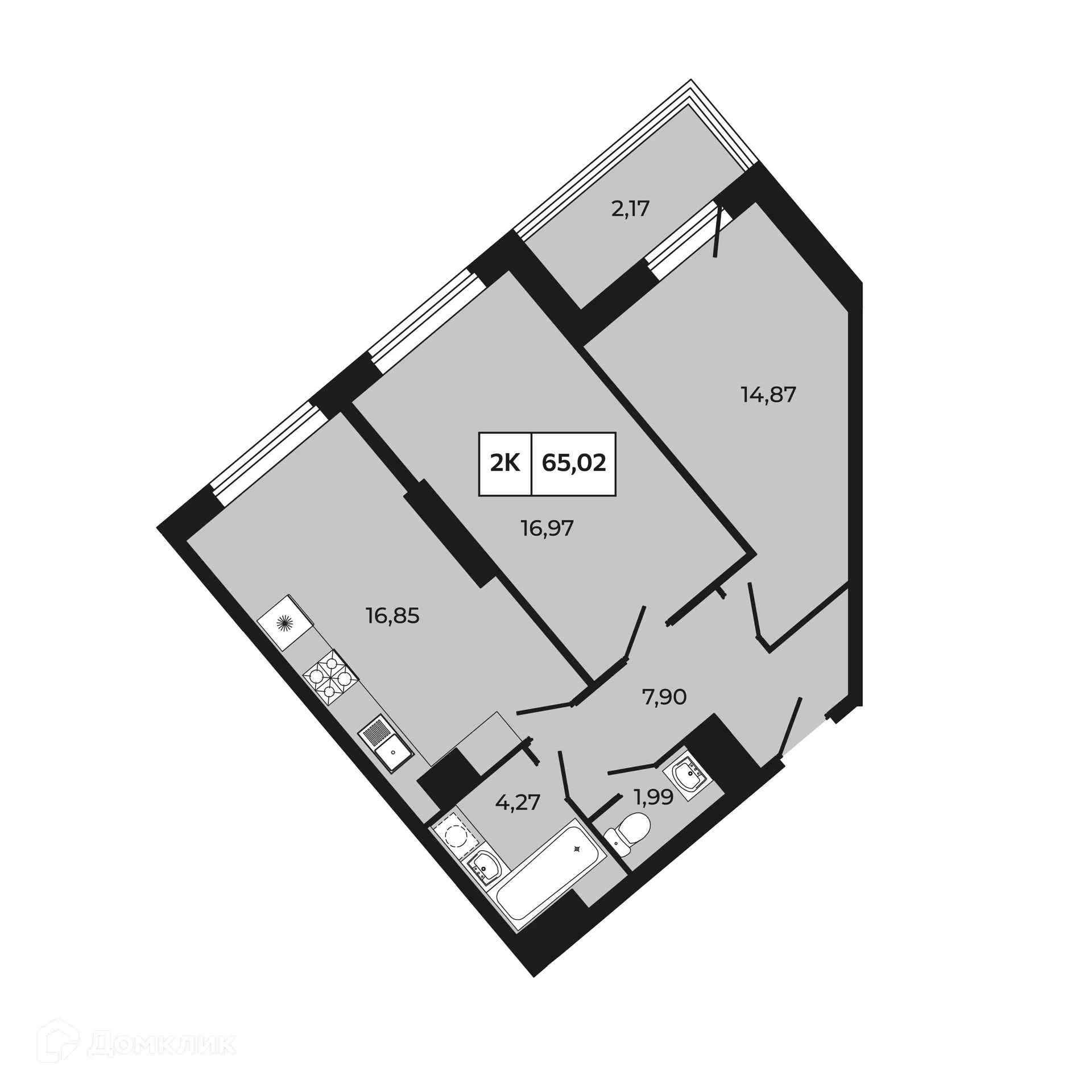 Планировка 2-комнатной квартиры 65.02 м² в ЖК Манхэттен 2.0, г. Ростов-на-Дону — фото 1