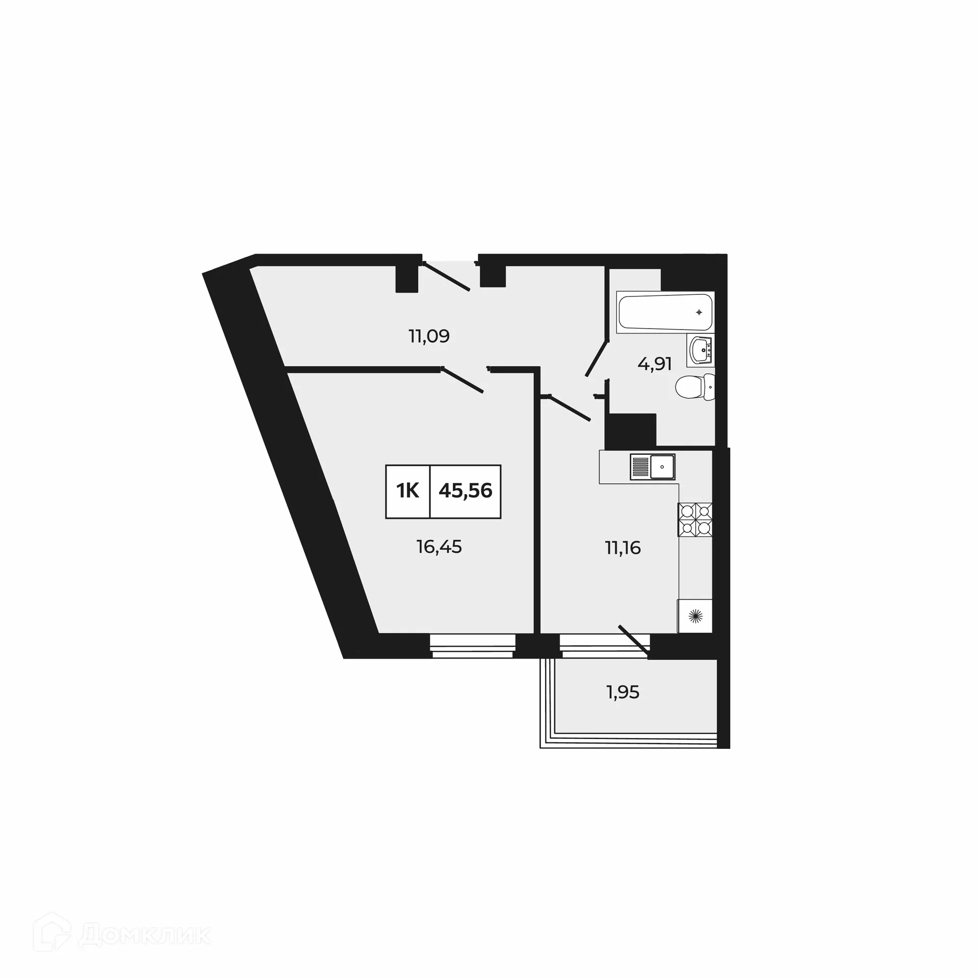 Планировка 1-комнатной квартиры 45.56 м² в ЖК Манхэттен 2.0, г. Ростов-на-Дону — фото 1