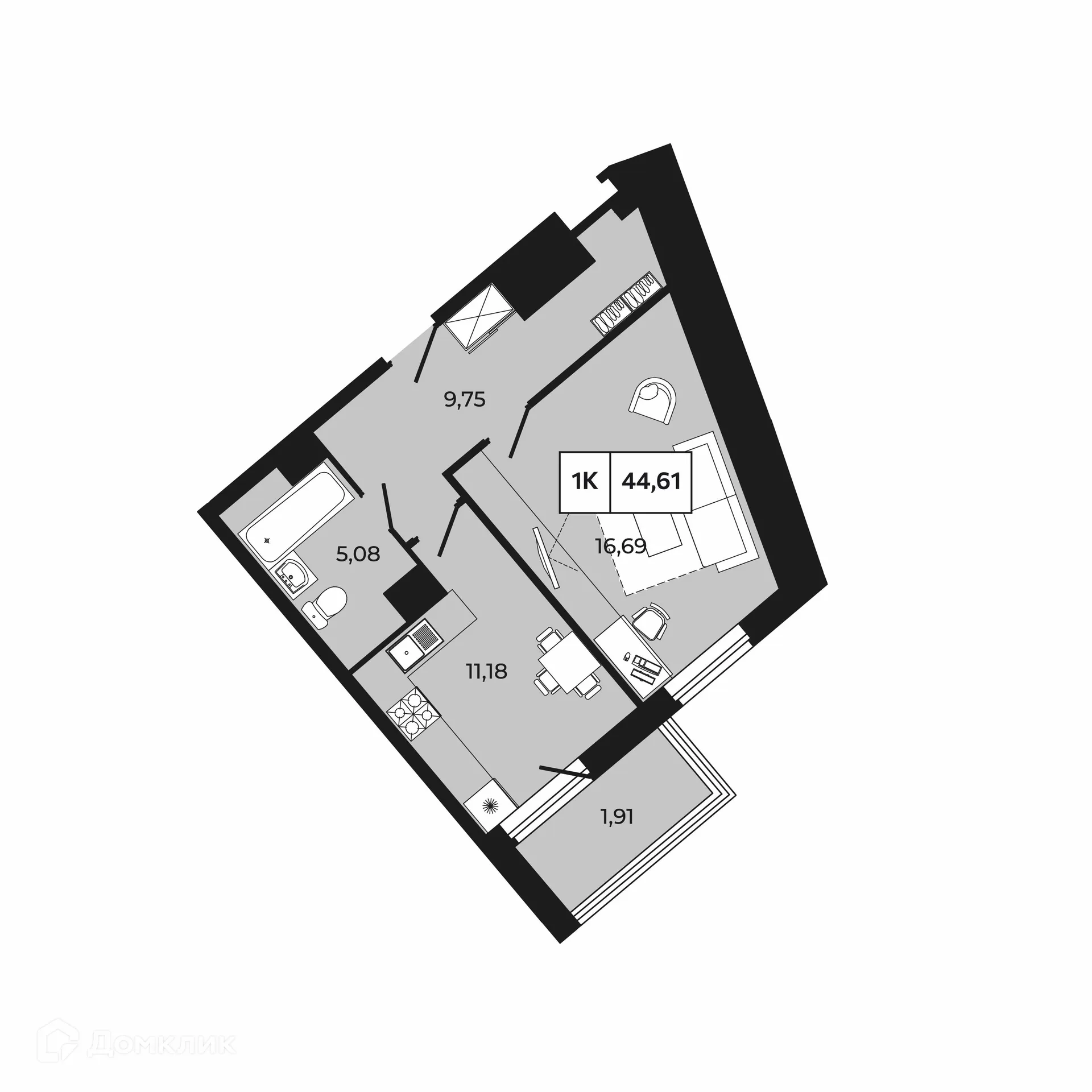 Планировка 1-комнатной квартиры 44.61 м² в ЖК Манхэттен 2.0, г. Ростов-на-Дону — фото 1