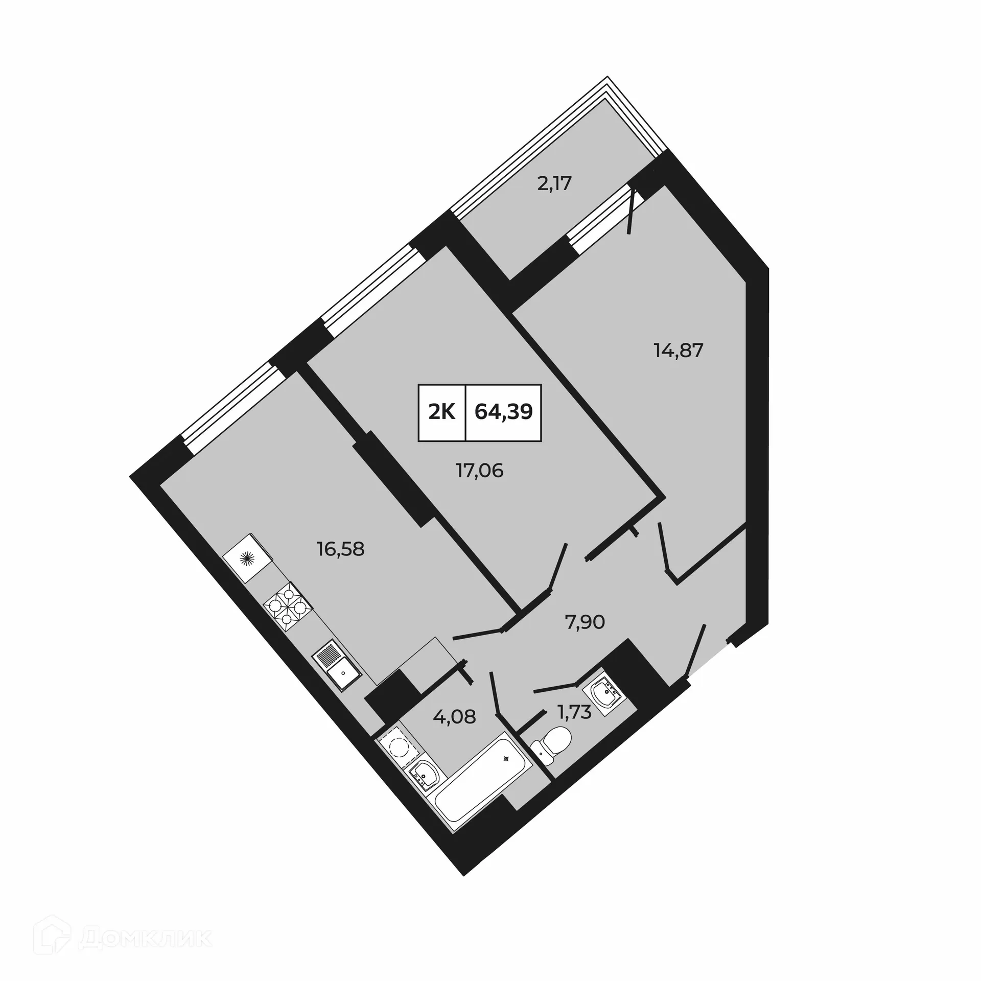 Планировка 2-комнатной квартиры 64.39 м² в ЖК Манхэттен 2.0, г. Ростов-на-Дону — фото 3