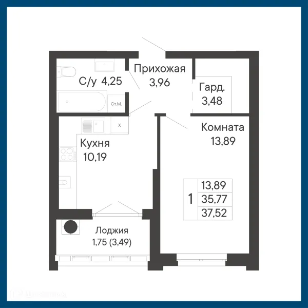 Планировка 1 комн. в ЖК Курортный квартал Ривьера