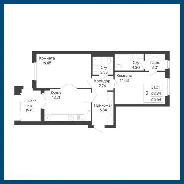 Планировка 2 комн. в ЖК Курортный квартал Ривьера