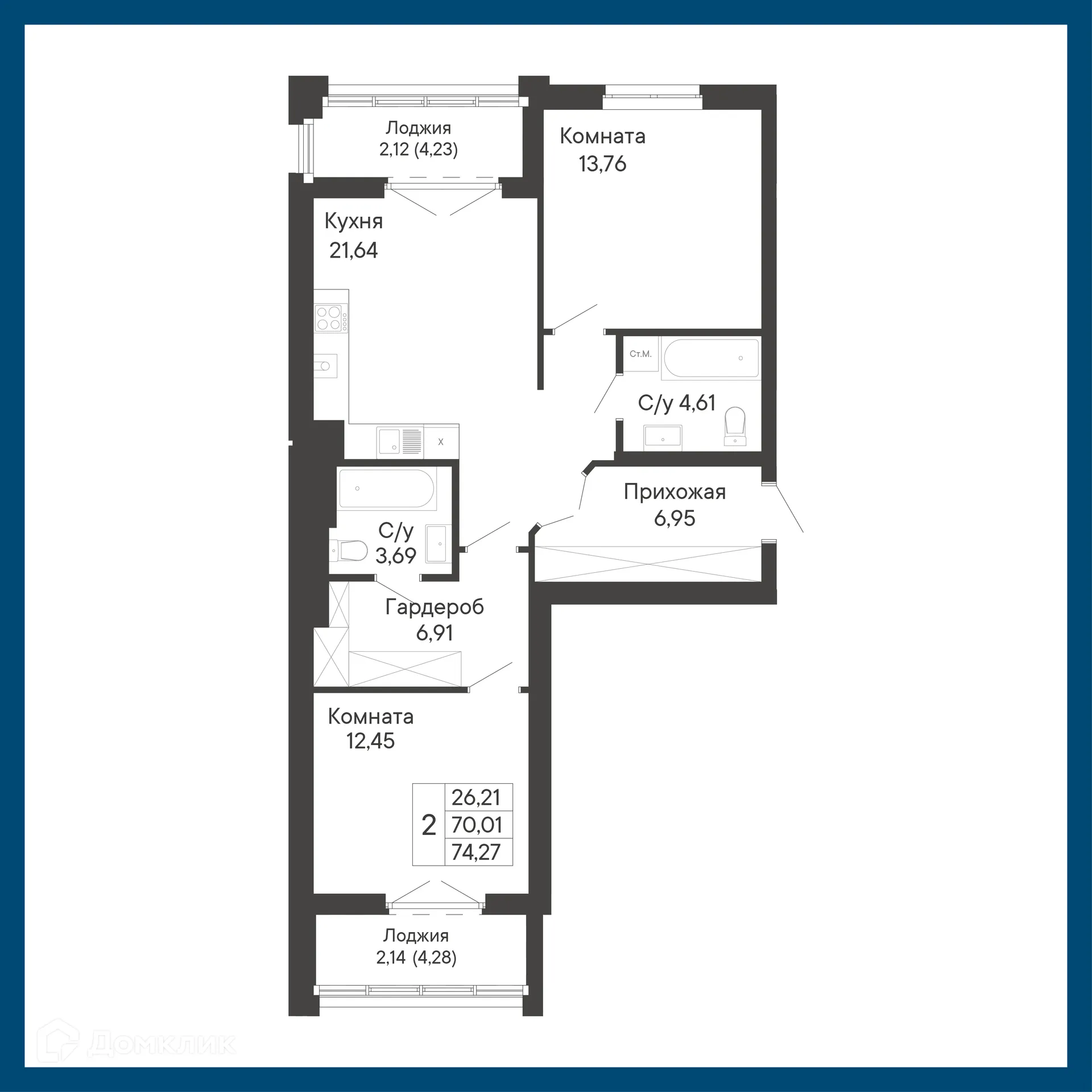 Планировка 2-комнатной квартиры 74.27 м² в ЖК Курортный квартал Ривьера, г. Ростов-на-Дону — фото 1