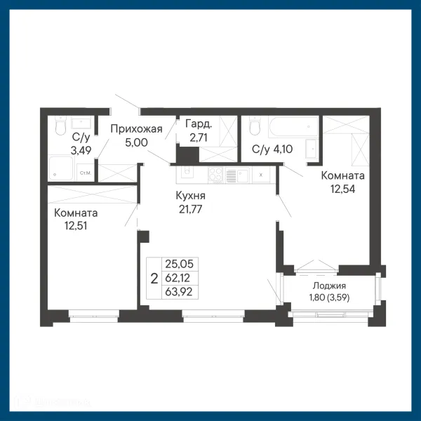 Планировка 2 комн. в ЖК Курортный квартал Ривьера