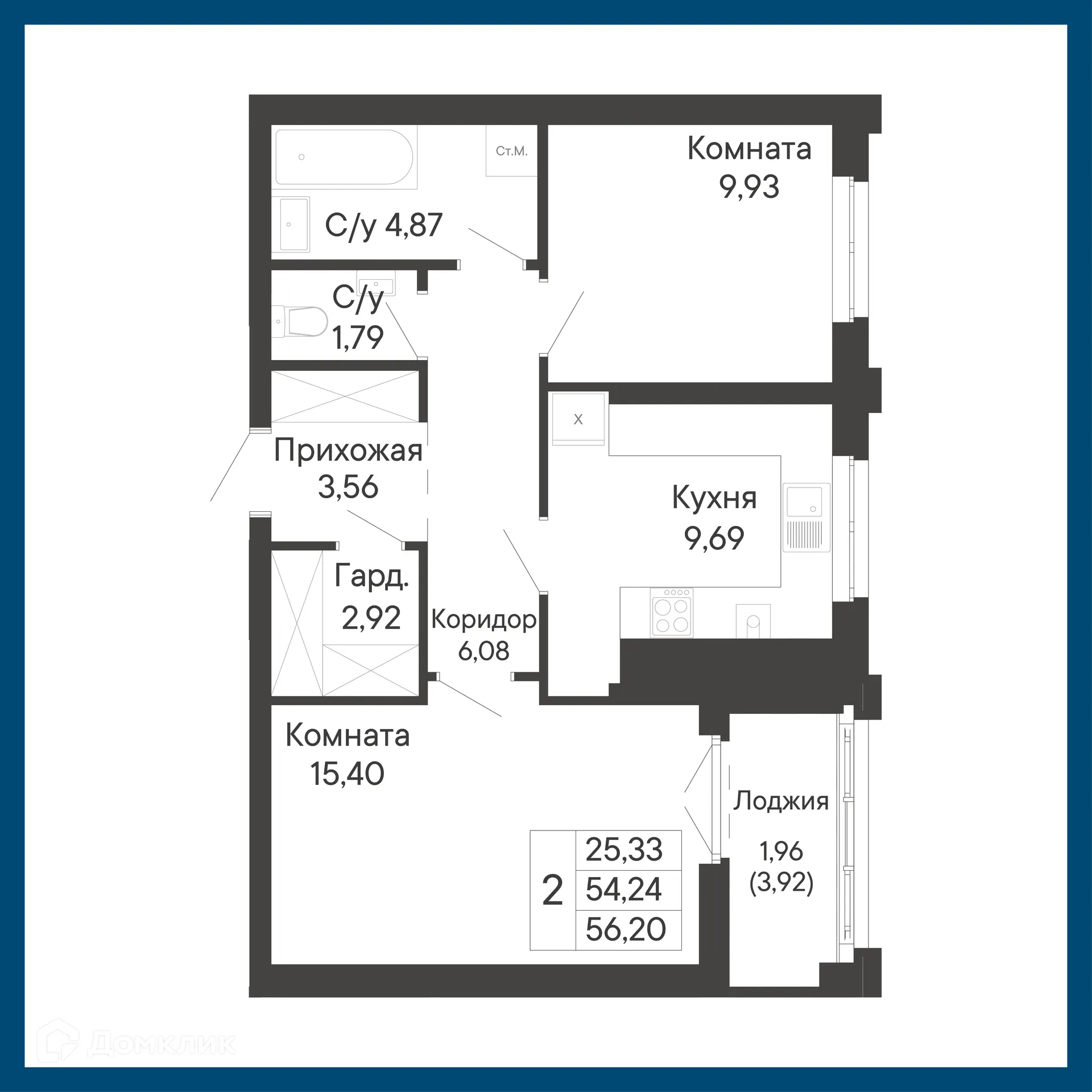 Планировка 2-комнатной квартиры 56.2 м² в ЖК Курортный квартал Ривьера, г. Ростов-на-Дону — фото 1