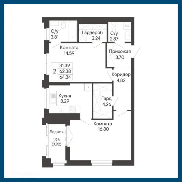 Планировка 2 комн. в ЖК Курортный квартал Ривьера