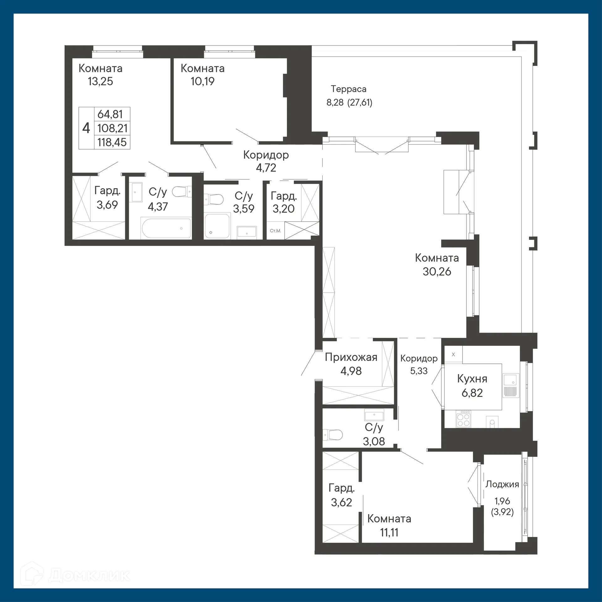 Планировка 4-комнатной квартиры 118.45 м² в ЖК Курортный квартал Ривьера, г. Ростов-на-Дону — фото 1