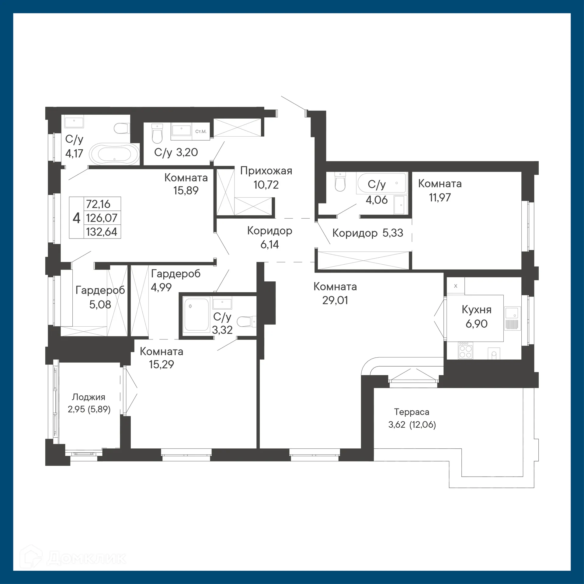 Планировка 4-комнатной квартиры 132.64 м² в ЖК Курортный квартал Ривьера, г. Ростов-на-Дону — фото 1