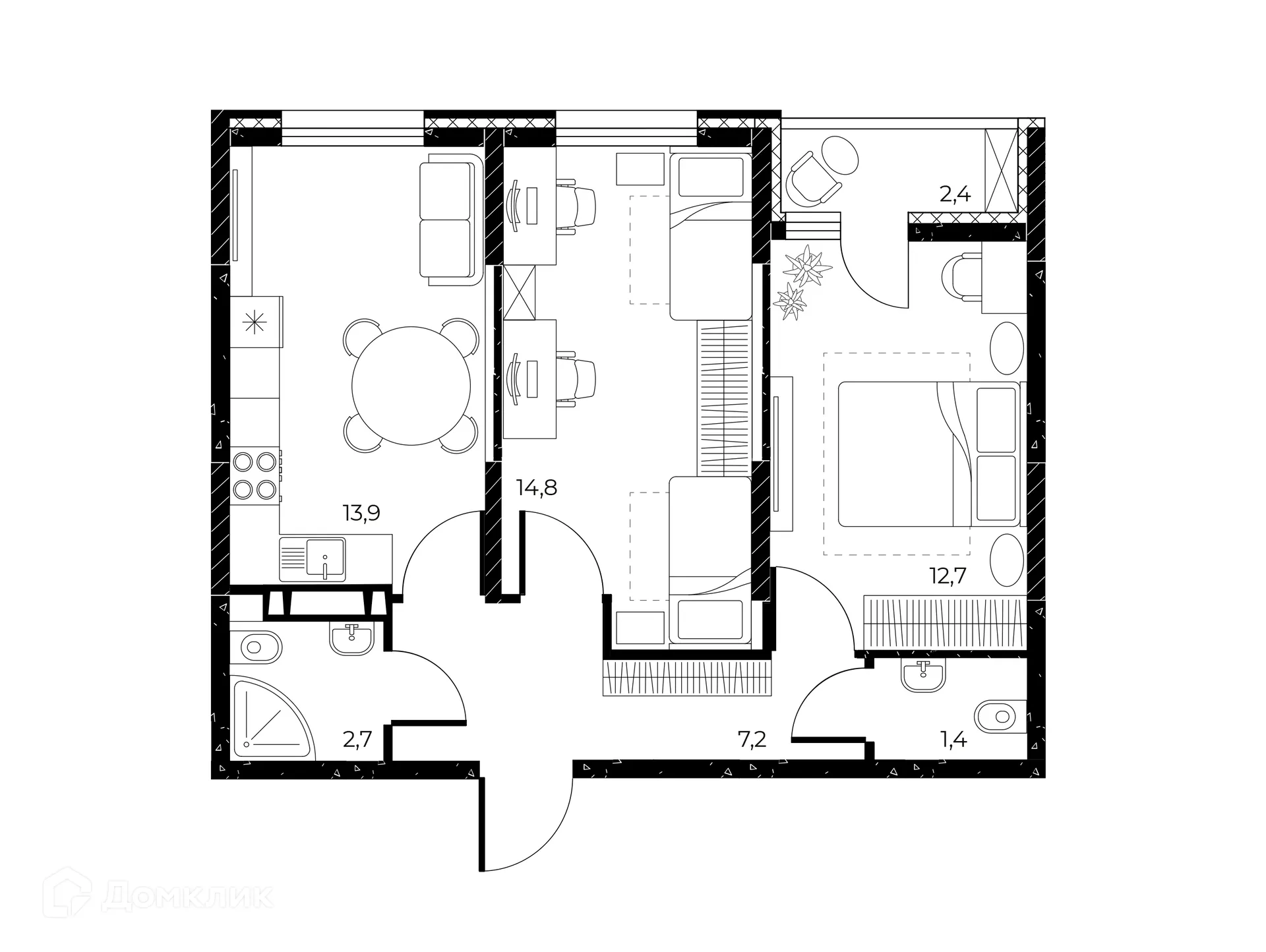 Планировка 2-комнатной квартиры 53.9 м² в ЖК Панорама на Театральном, г. Ростов-на-Дону — фото 2