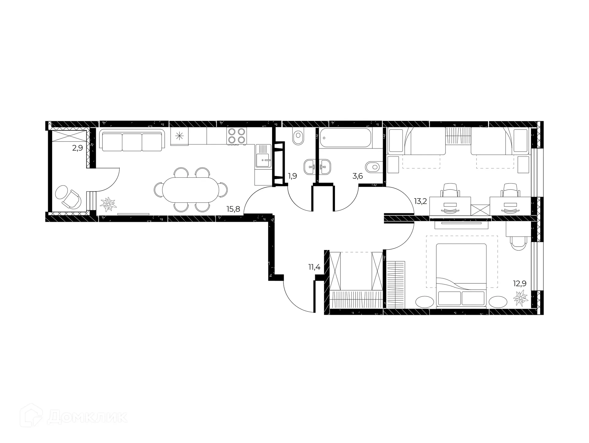 Планировка 3-комнатной квартиры 60.3 м² в ЖК Панорама на Театральном, г. Ростов-на-Дону — фото 2
