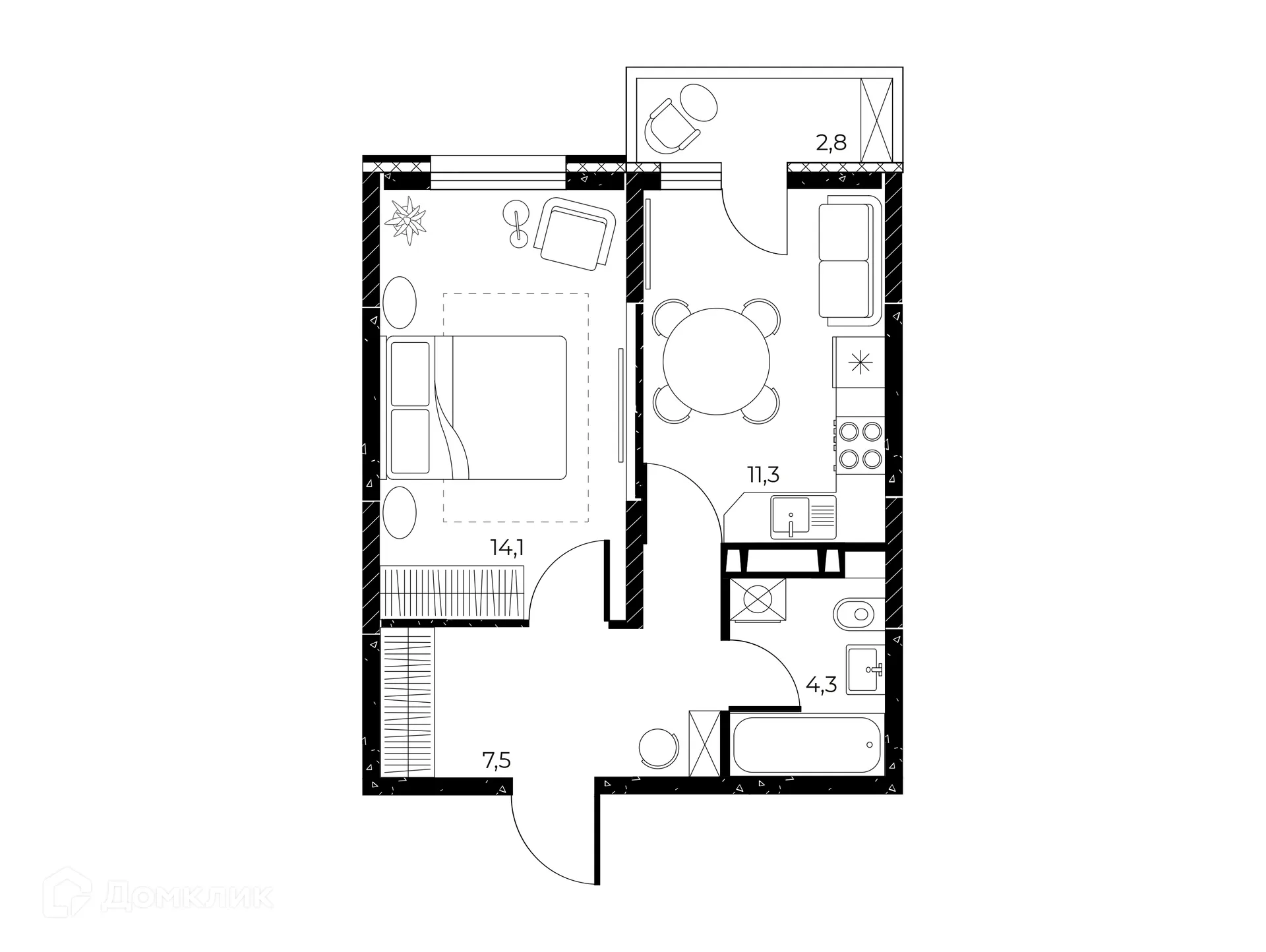 Планировка 1-комнатной квартиры 38 м² в ЖК Панорама на Театральном, г. Ростов-на-Дону — фото 2