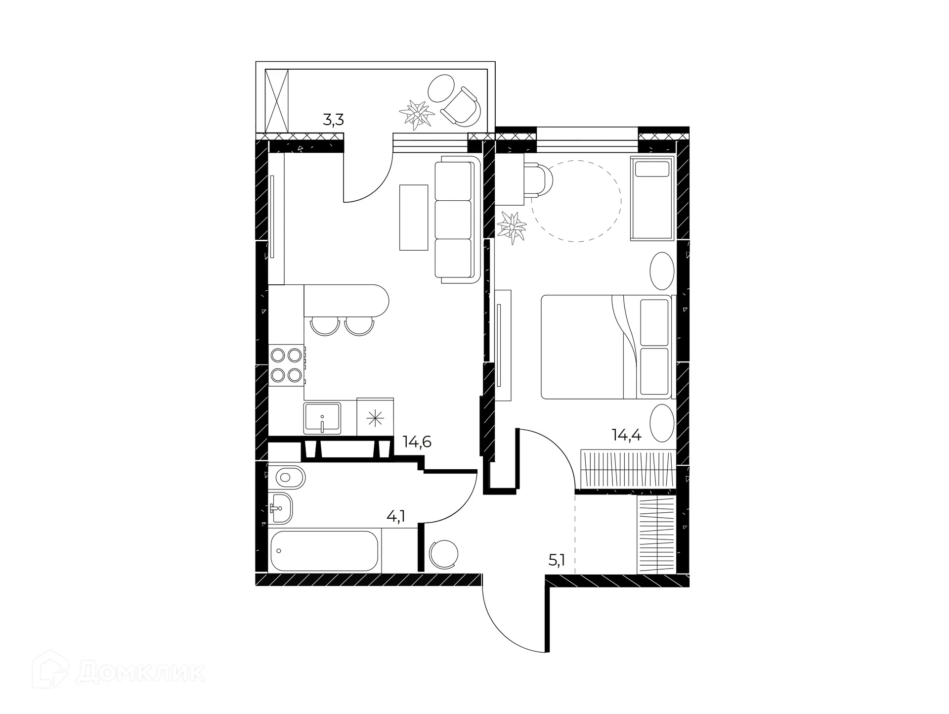 Планировка 2-комнатной квартиры 39.2 м² в ЖК Панорама на Театральном, г. Ростов-на-Дону — фото 2