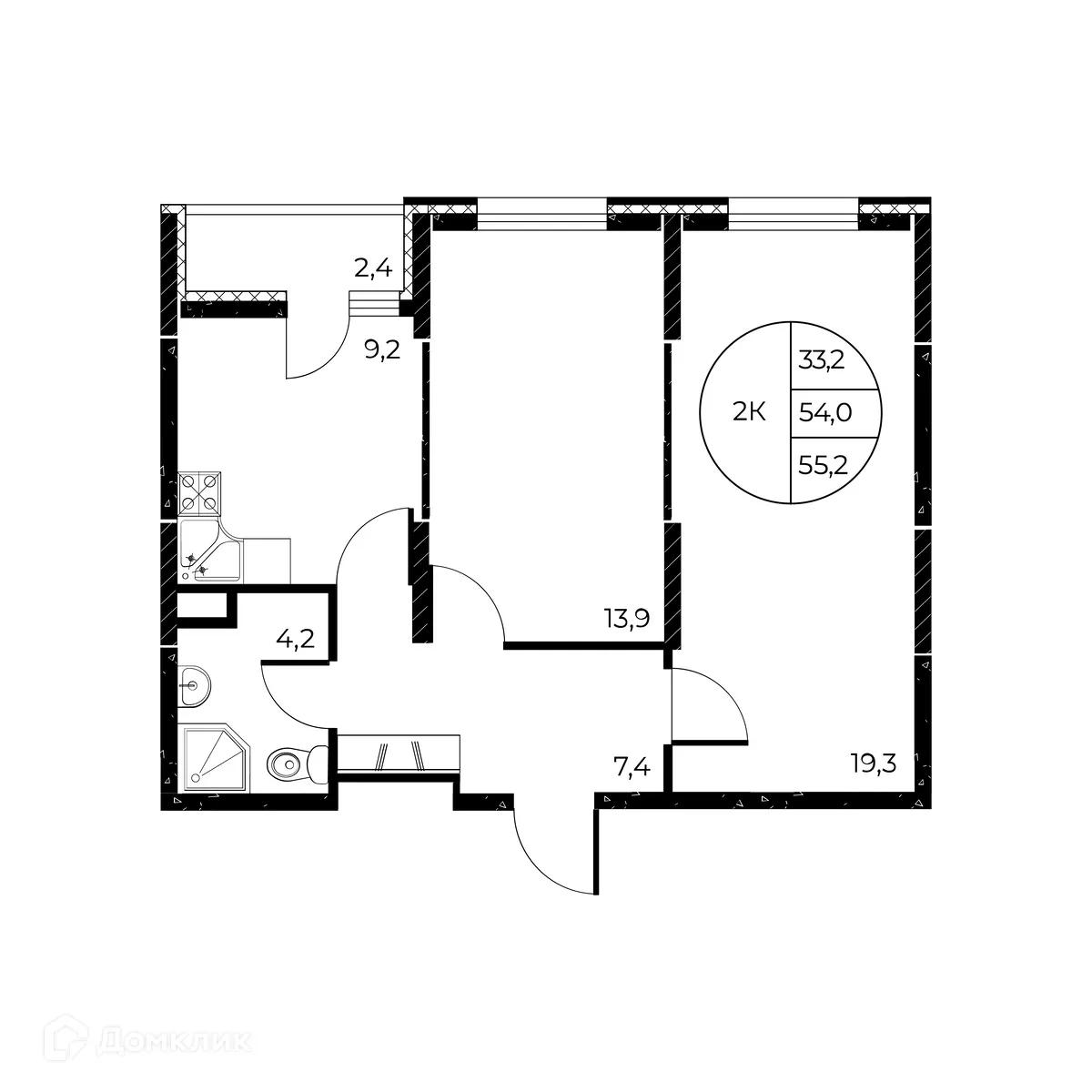 Планировка 2-комнатной квартиры 55.2 м² в ЖК Панорама на Театральном, г. Ростов-на-Дону — фото 1