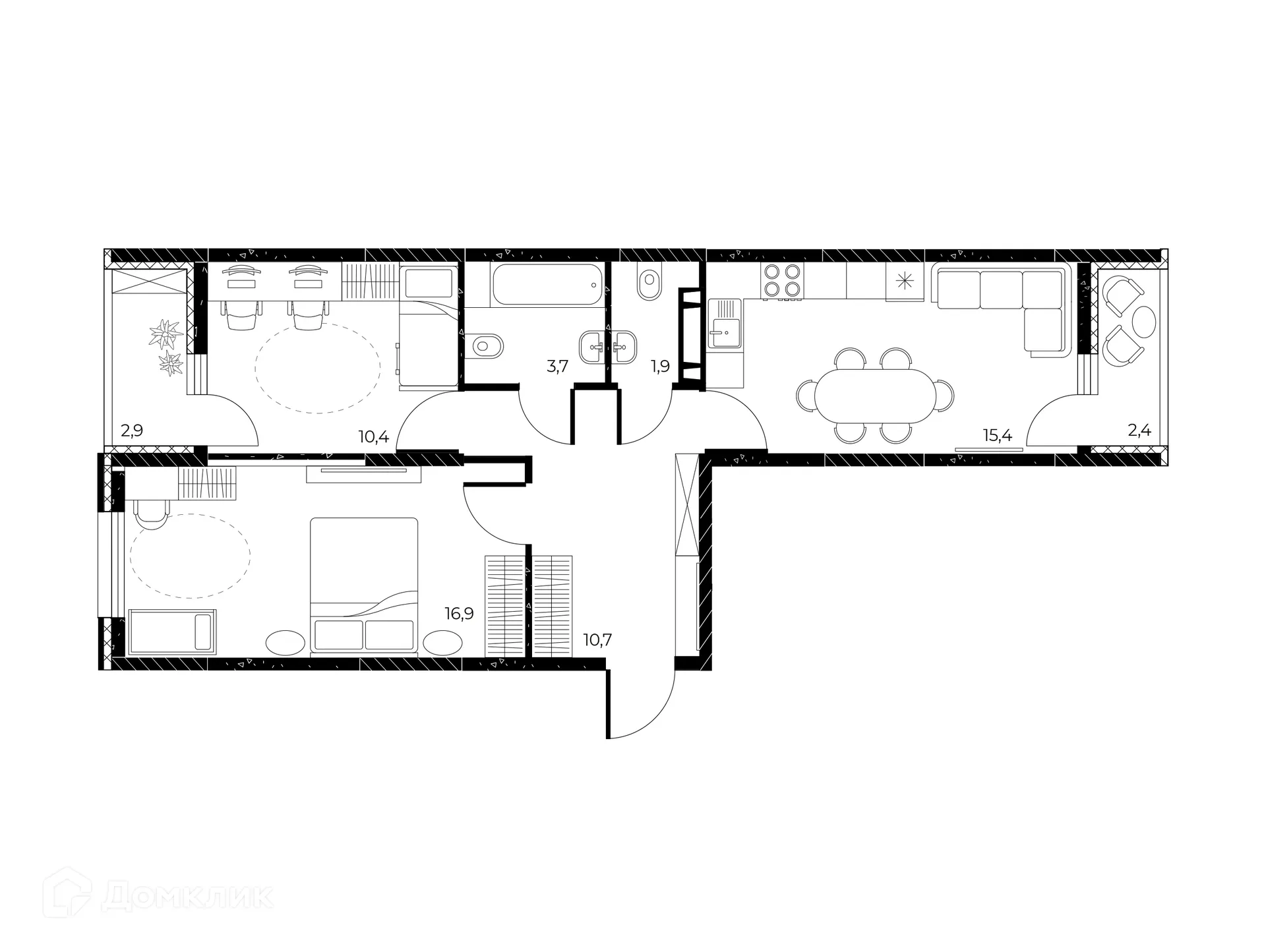 Планировка 3-комнатной квартиры 61.7 м² в ЖК Панорама на Театральном, г. Ростов-на-Дону — фото 2