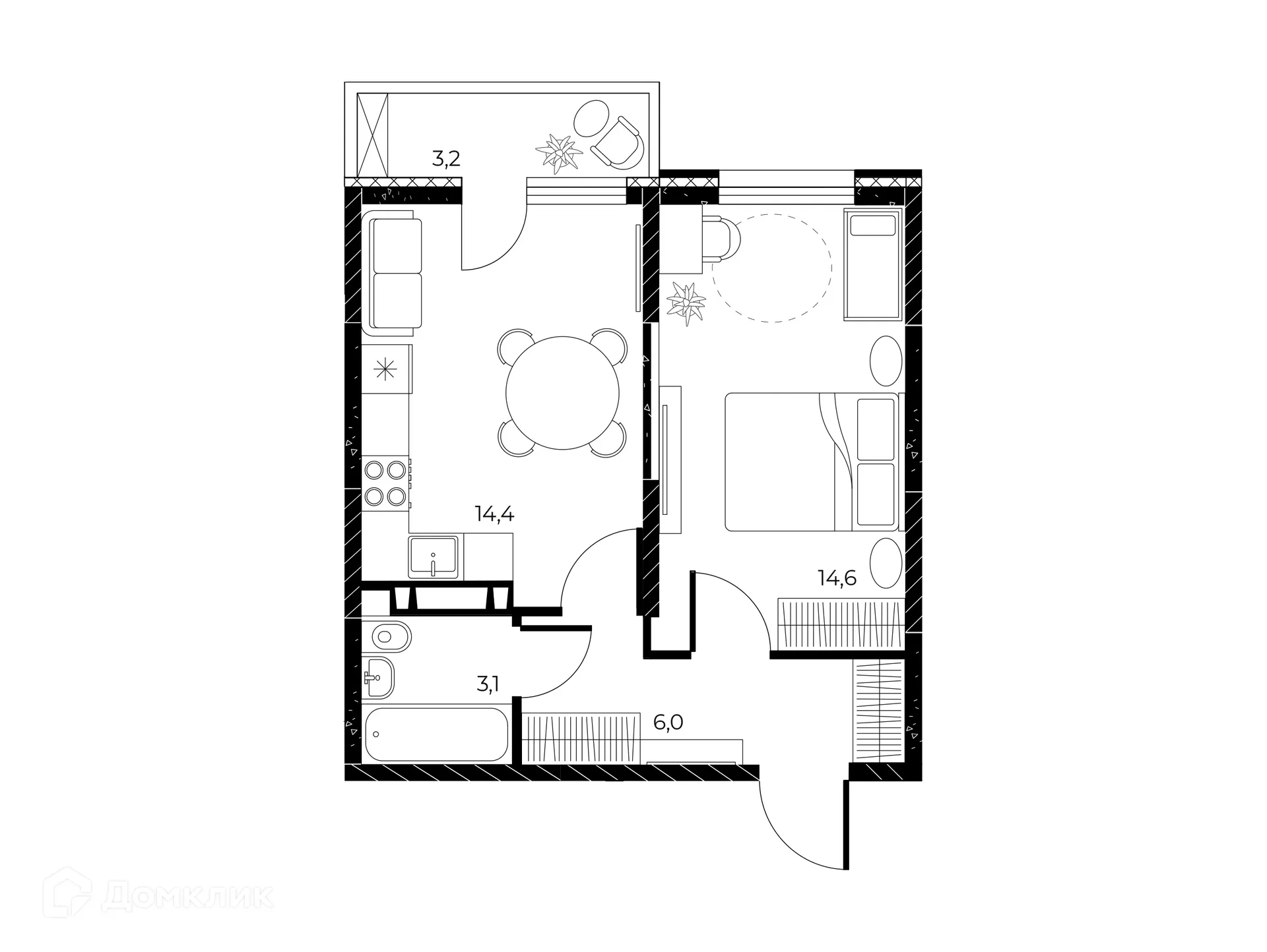 Планировка 1-комнатной квартиры 39.1 м² в ЖК Панорама на Театральном, г. Ростов-на-Дону — фото 8