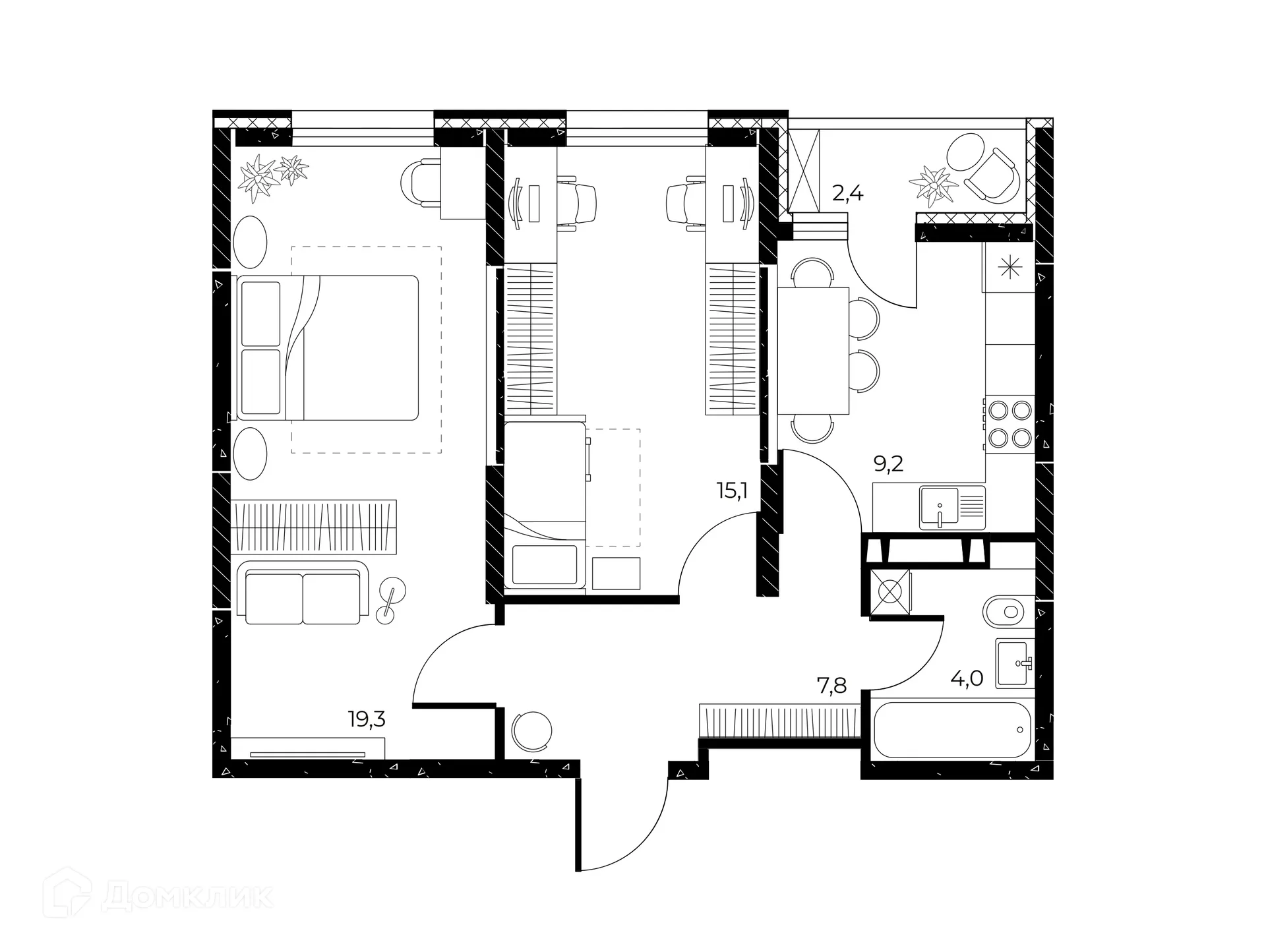 Планировка 2-комнатной квартиры 56.6 м² в ЖК Панорама на Театральном, г. Ростов-на-Дону — фото 2