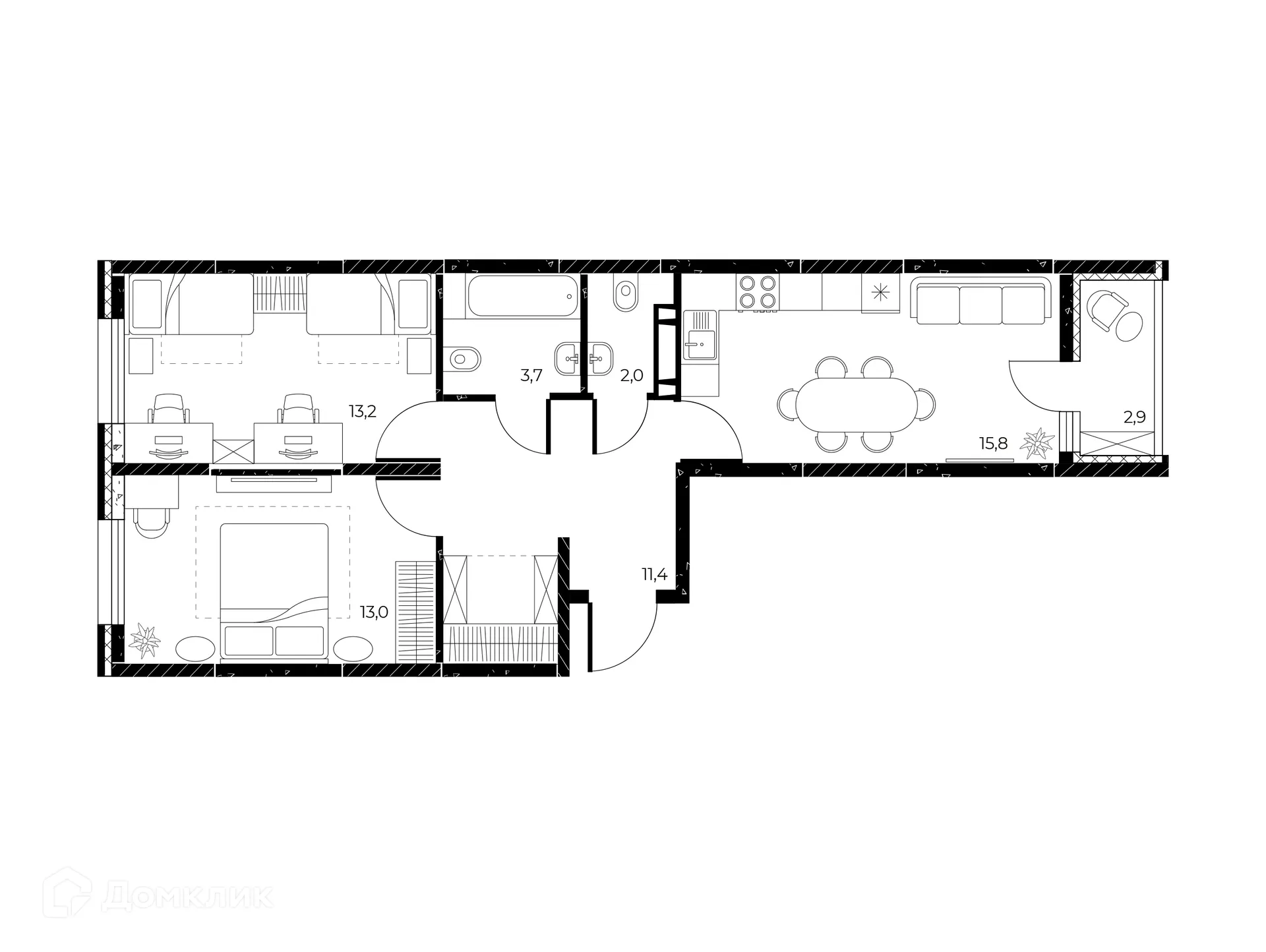 Планировка 3-комнатной квартиры 60.6 м² в ЖК Панорама на Театральном, г. Ростов-на-Дону — фото 2