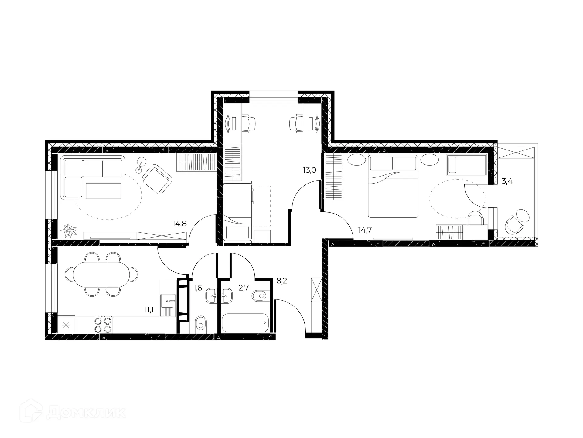Планировка 3-комнатной квартиры 67.8 м² в ЖК Панорама на Театральном, г. Ростов-на-Дону — фото 2
