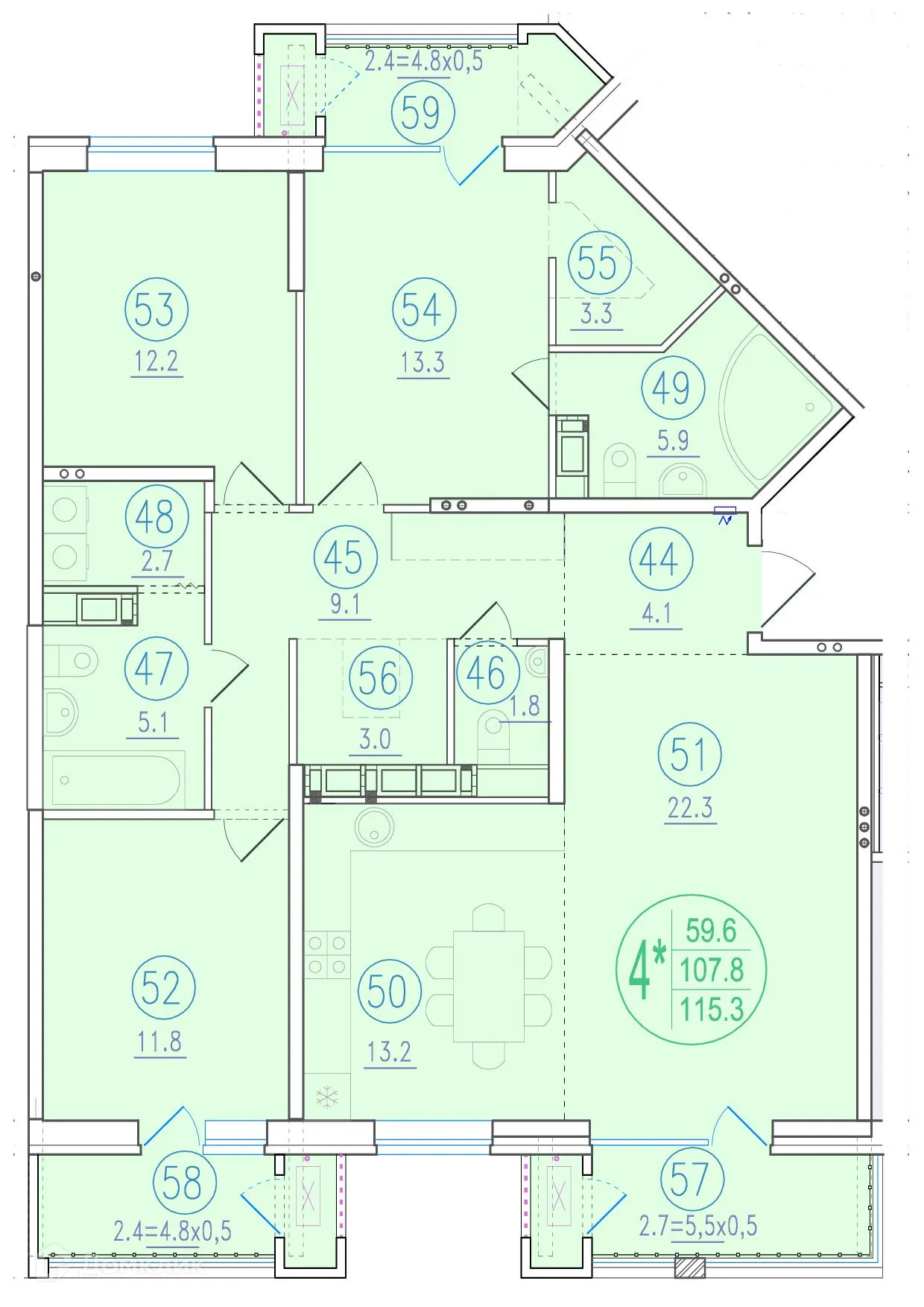 Планировка 4-комнатной квартиры 115.3 м² в ЖК СОСТОЯНИЕ, г. Ростов-на-Дону — фото 1