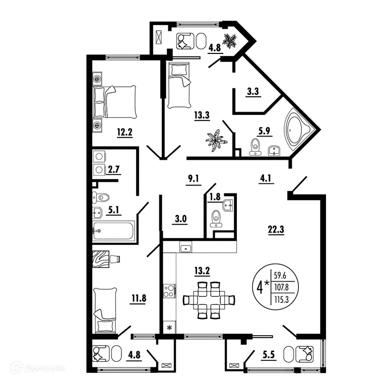 Планировка 4-комнатной квартиры 115.3 м² в ЖК СОСТОЯНИЕ, г. Ростов-на-Дону — фото 2