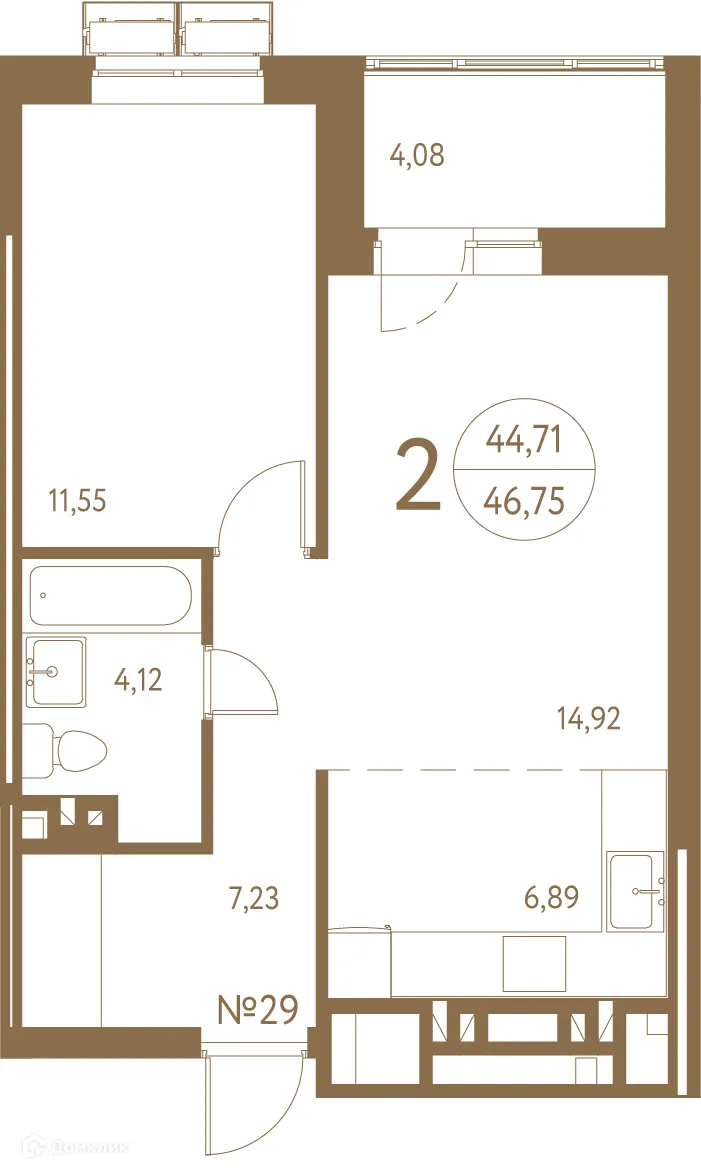 Планировка 2-комнатной квартиры 47.2 м² в ЖК Белая вилла, г. Ростов-на-Дону — фото 1