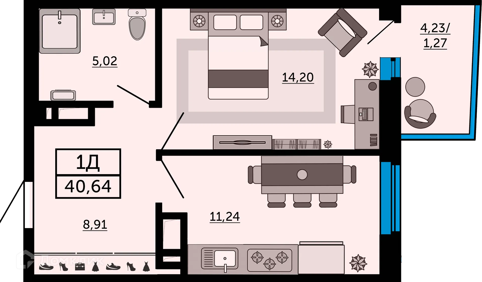 Планировка 1-комнатной квартиры 40.9 м² в ЖК "Донской Арбат", г. Ростов-на-Дону — фото 1