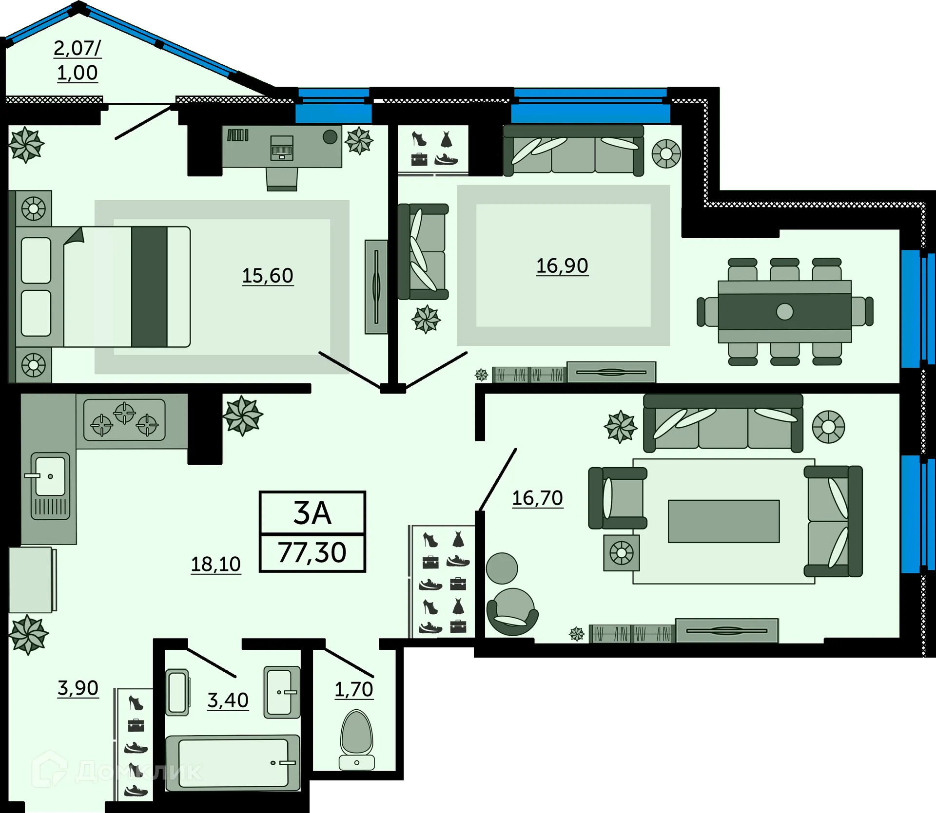 Планировка 3-комнатной квартиры 76.9 м² в ЖК"Акватория", г. Ростов-на-Дону — фото 1