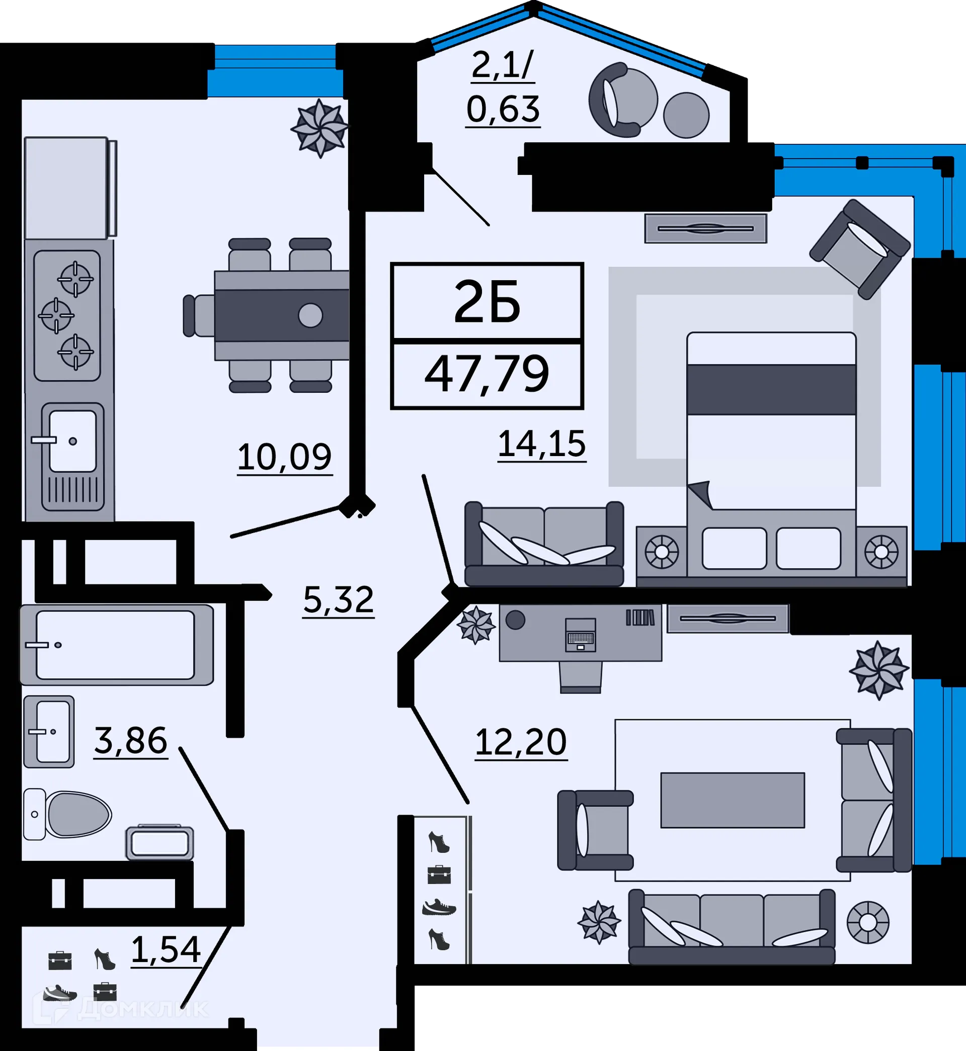 Планировка 2-комнатной квартиры 47.79 м² в ЖК Royal Towers (Роял Тауэрс), г. Ростов-на-Дону — фото 1