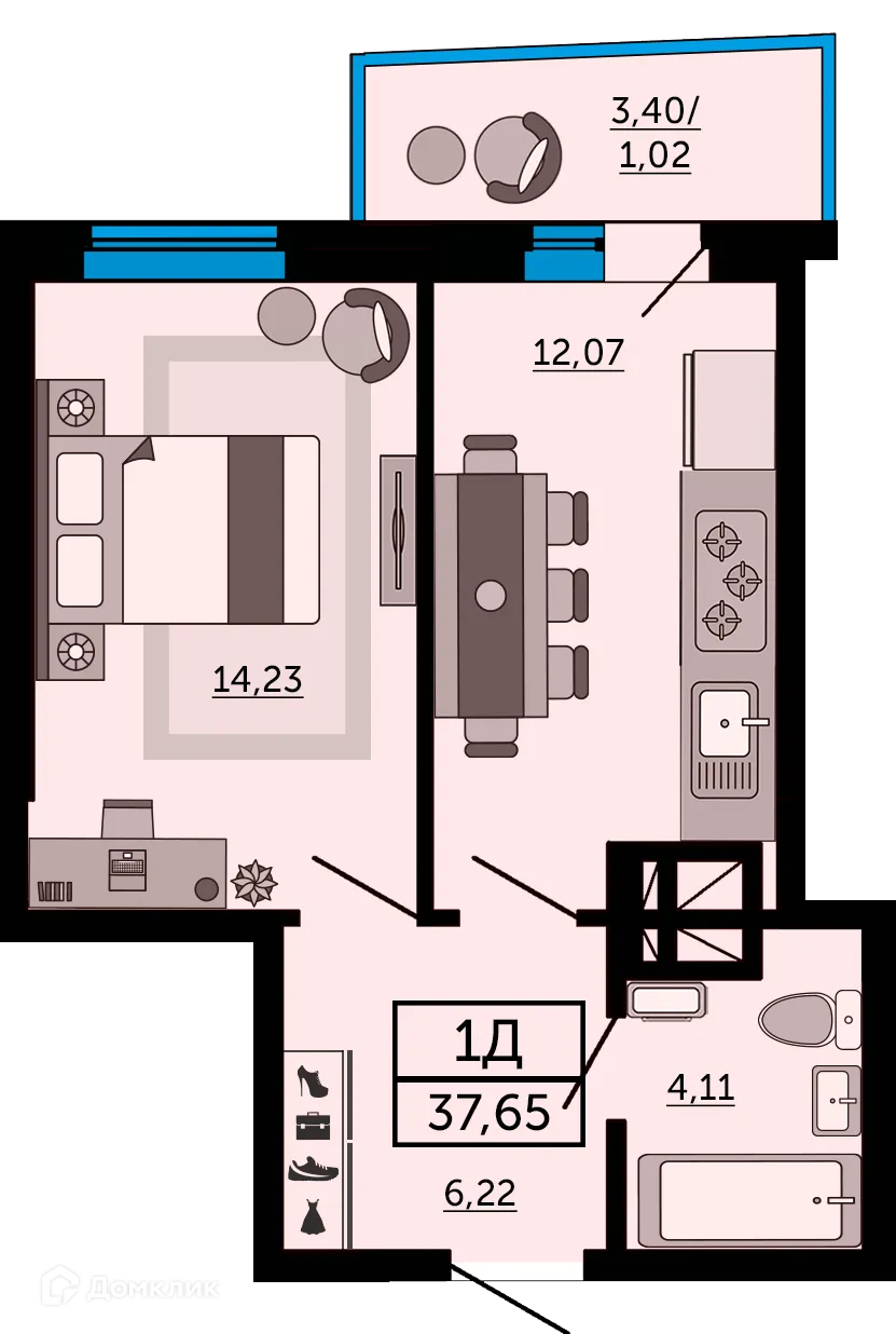 Планировка 1-комнатной квартиры 37.8 м² в ЖК "Донской Арбат", г. Ростов-на-Дону — фото 1