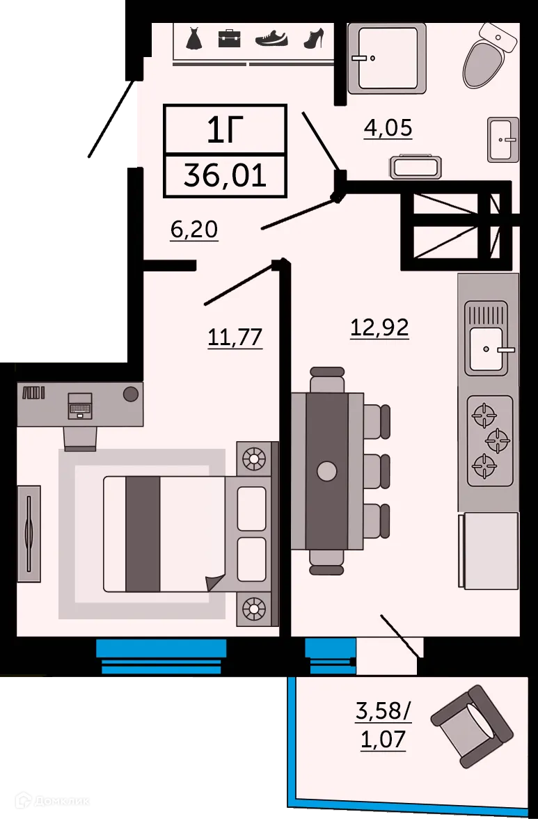 Планировка 1-комнатной квартиры 36.2 м² в ЖК "Донской Арбат", г. Ростов-на-Дону — фото 1