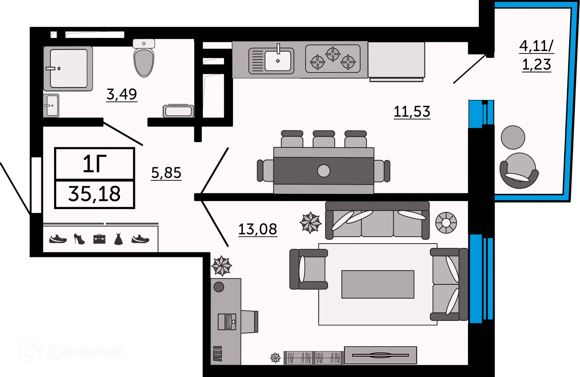 Планировка 1-комнатной квартиры 34.9 м² в ЖК "Донской Арбат", г. Ростов-на-Дону — фото 1